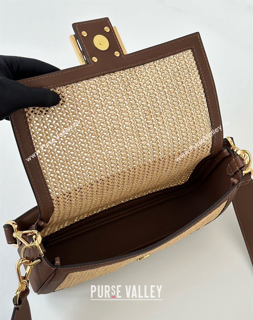 Fendi Baguette Medium bag in Raffia Straw and Brown Leather 2024 8666L (CL-240827102)