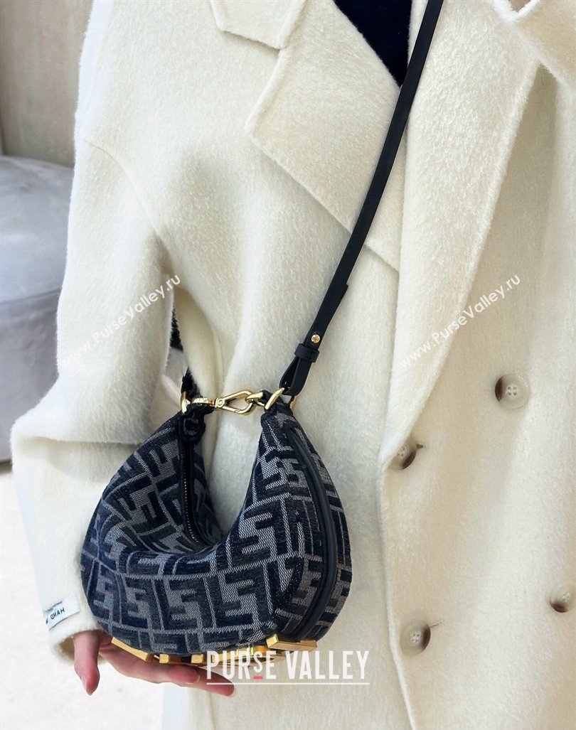 Fendi Fendigraphy Mini Hobo Bag in dark blue FF chenille fabric 2024 8657 (CL-241102014)