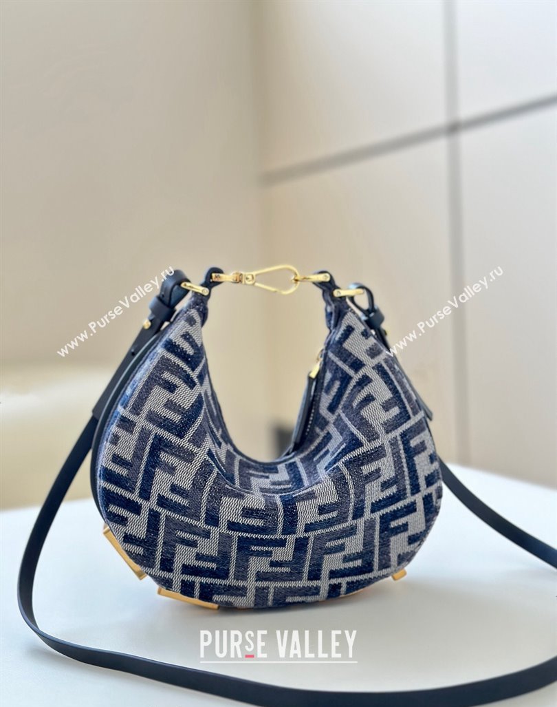 Fendi Fendigraphy Mini Hobo Bag in dark blue FF chenille fabric 2024 8657 (CL-241102014)
