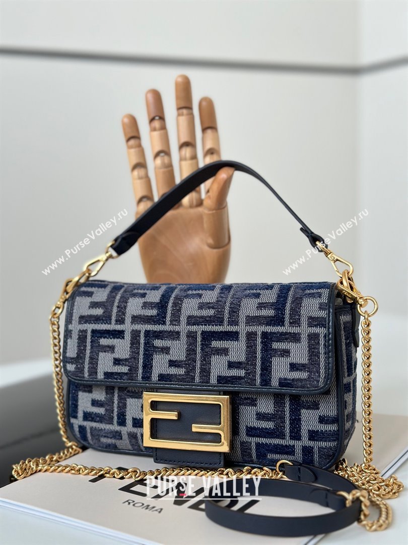 Fendi Baguette Mini Bag in dark blue FF chenille fabric 2024 8579S (CL-241102018)