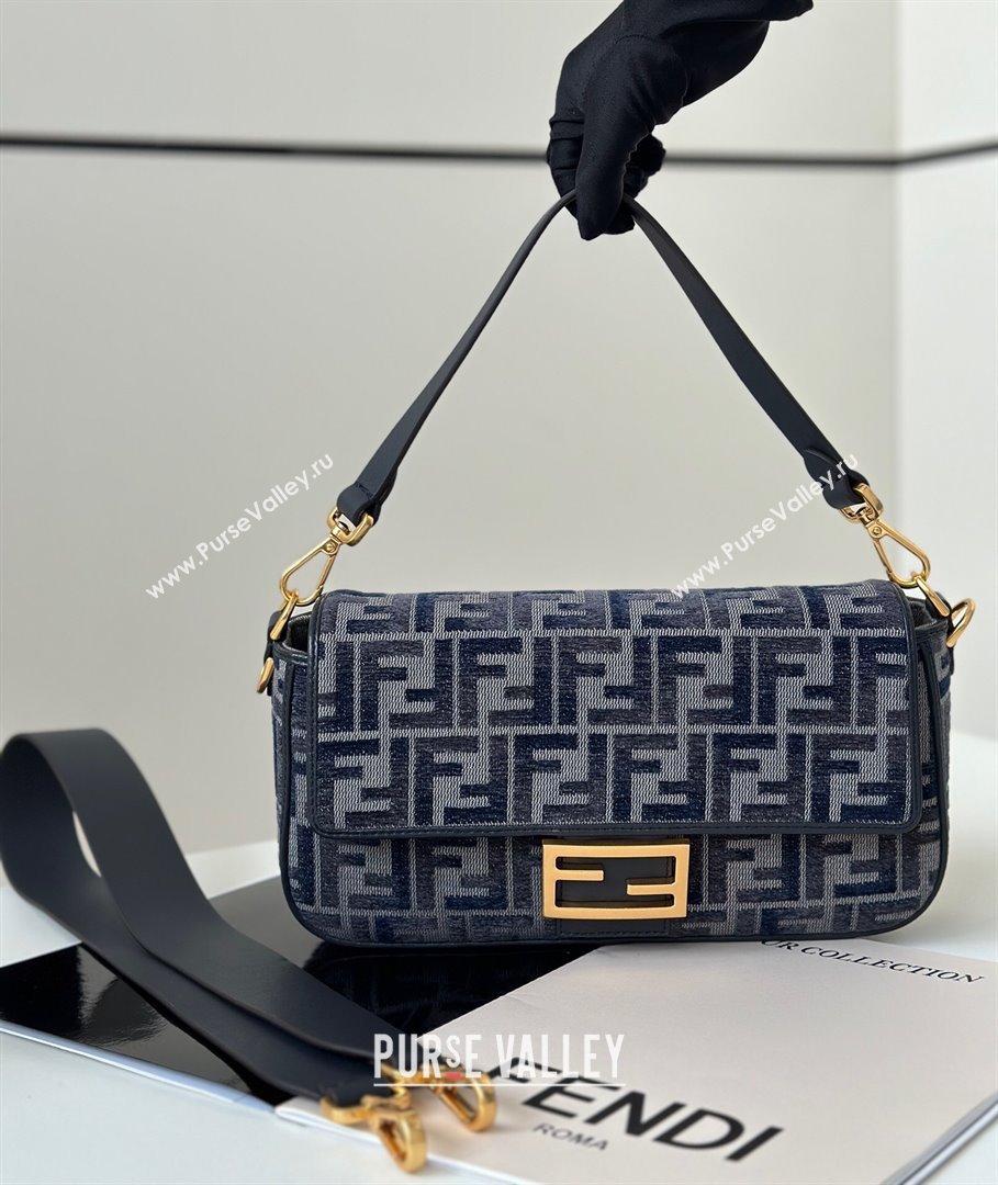 Fendi Baguette Medium Bag in dark blue FF chenille fabric 2024 8579M (CL-241102019)