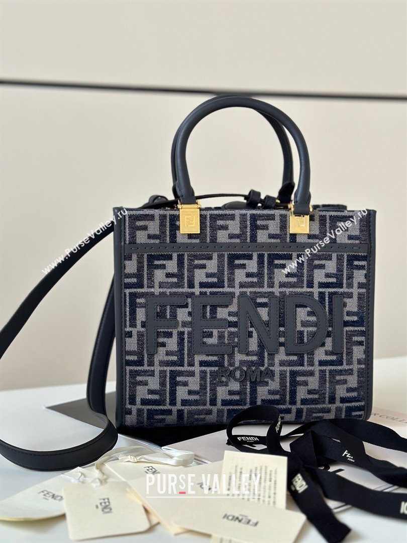 Fendi Sunshine Small Tote Bag in dark blue FF chenille fabric 2024 8618 (CL-241102017)