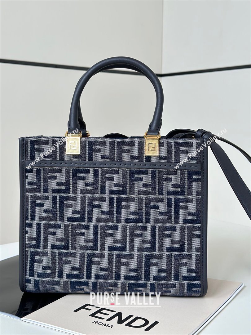 Fendi Sunshine Small Tote Bag in dark blue FF chenille fabric 2024 8618 (CL-241102017)