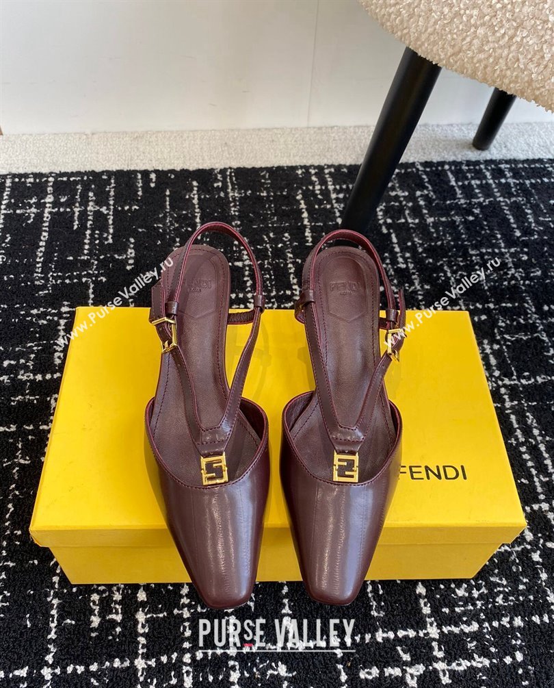 Fendi FFold Slingback Pumps 4cm in Embossed Calfskin Dark Brown 2024 1112 (KL-241112097)