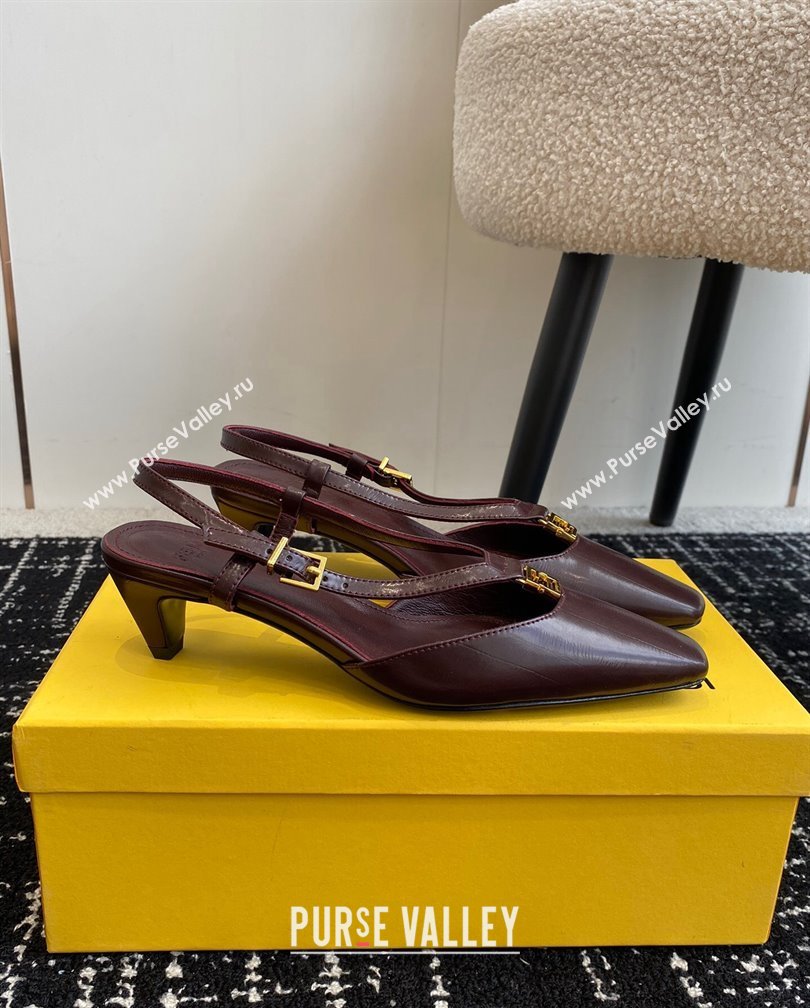 Fendi FFold Slingback Pumps 4cm in Embossed Calfskin Dark Brown 2024 1112 (KL-241112097)