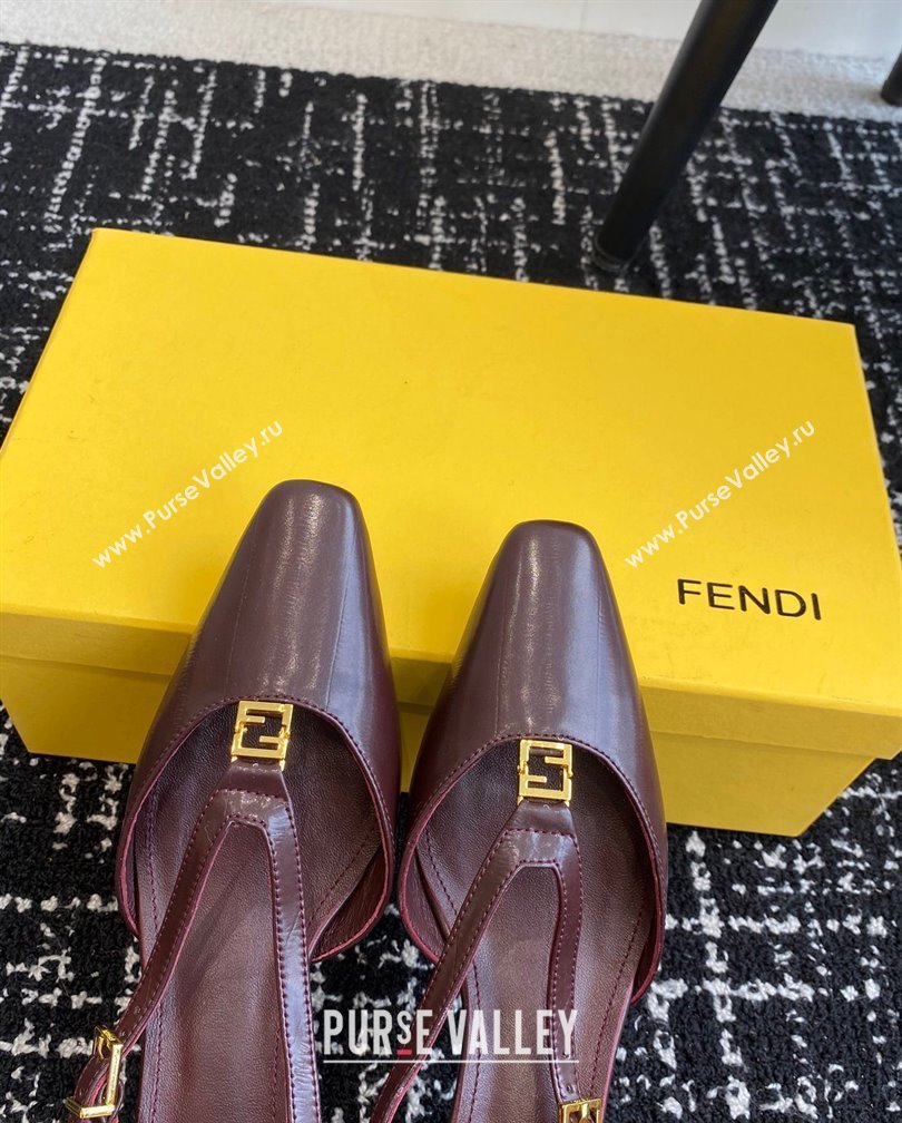 Fendi FFold Slingback Pumps 4cm in Embossed Calfskin Dark Brown 2024 1112 (KL-241112097)