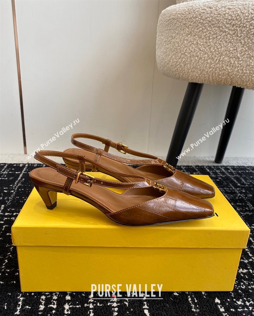 Fendi FFold Slingback Pumps 4cm in Embossed Calfskin Brown2 2024 1112 (KL-241112102)