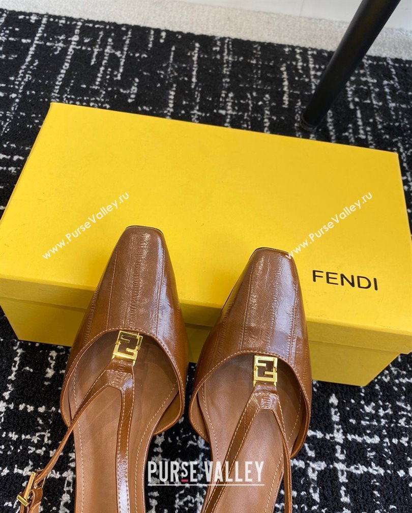 Fendi FFold Slingback Pumps 4cm in Embossed Calfskin Brown2 2024 1112 (KL-241112102)