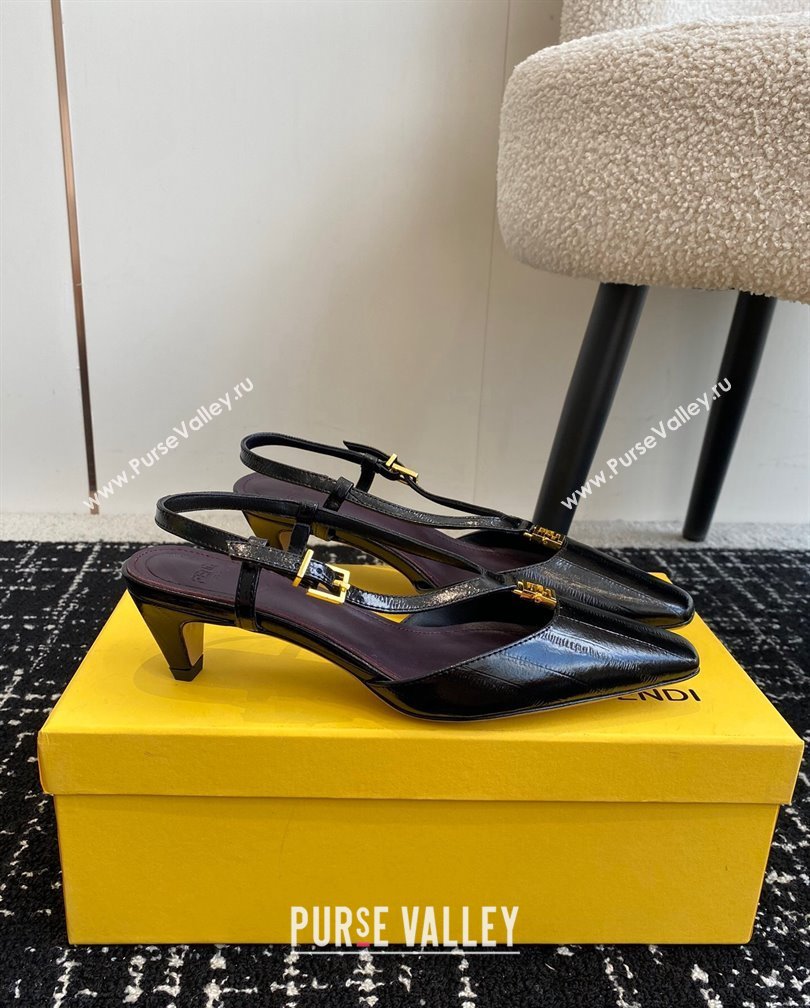 Fendi FFold Slingback Pumps 4cm in Embossed Calfskin Black 2024 1112 (KL-241112103)