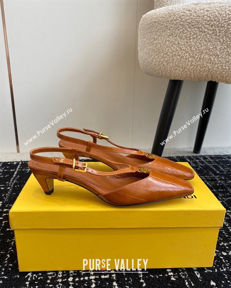 Fendi FFold Slingback Pumps 4cm in Embossed Calfskin Tan Brown 2024 1112 (KL-241112104)