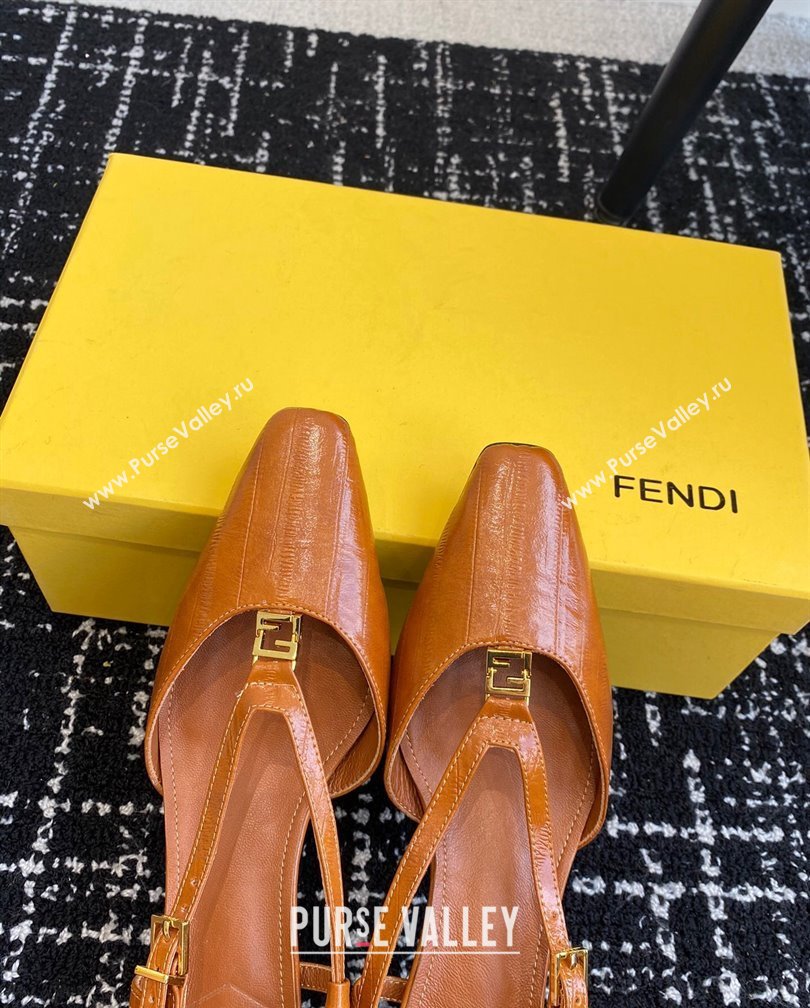 Fendi FFold Slingback Pumps 4cm in Embossed Calfskin Tan Brown 2024 1112 (KL-241112104)