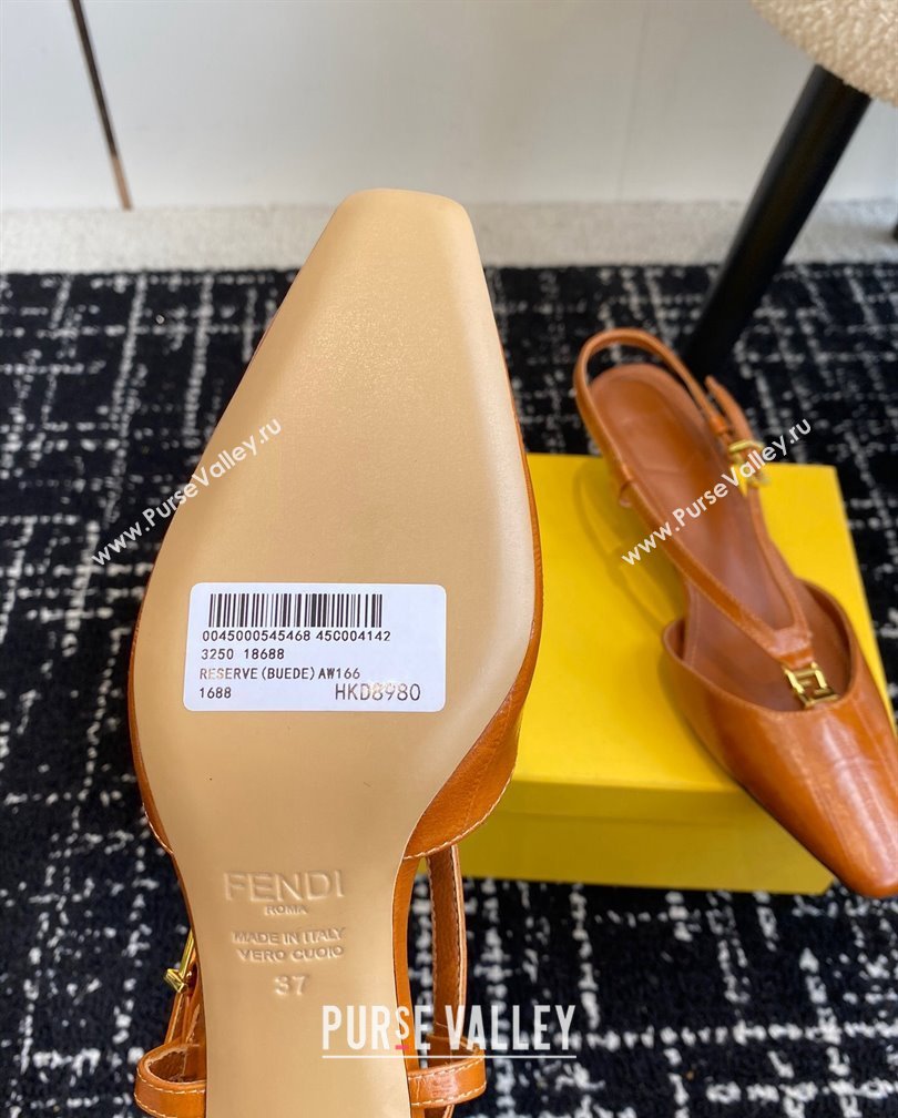 Fendi FFold Slingback Pumps 4cm in Embossed Calfskin Tan Brown 2024 1112 (KL-241112104)