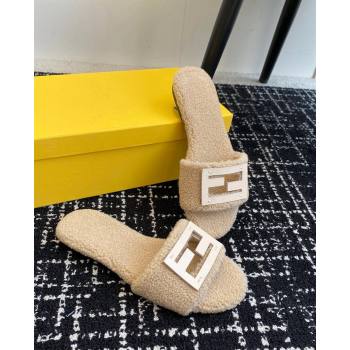 Fendi Baguette Flat Slides Sandal in Wool Shearling Beige 2024 1112 (KL-241112105)