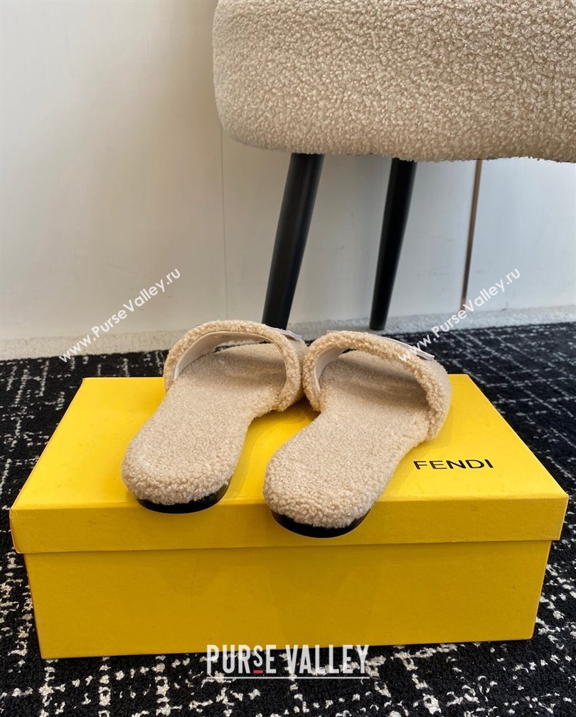 Fendi Baguette Flat Slides Sandal in Wool Shearling Beige 2024 1112 (KL-241112105)