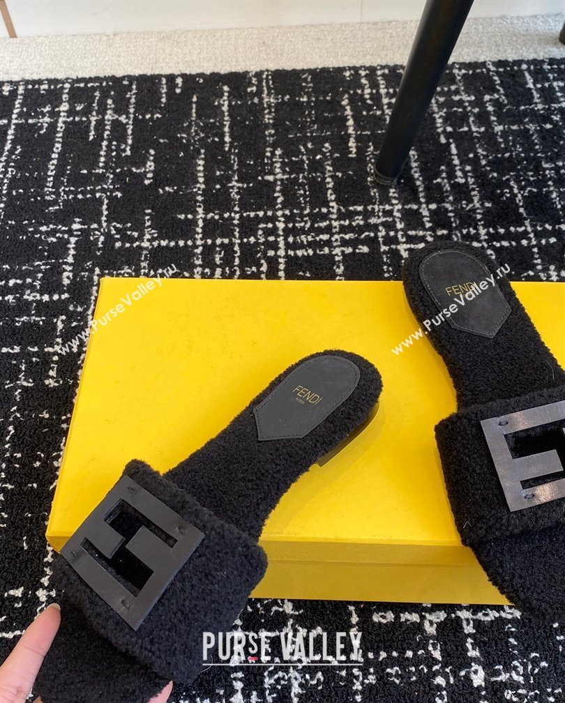 Fendi Baguette Flat Slides Sandal in Wool Shearling Black 2024 1112 (KL-241112107)