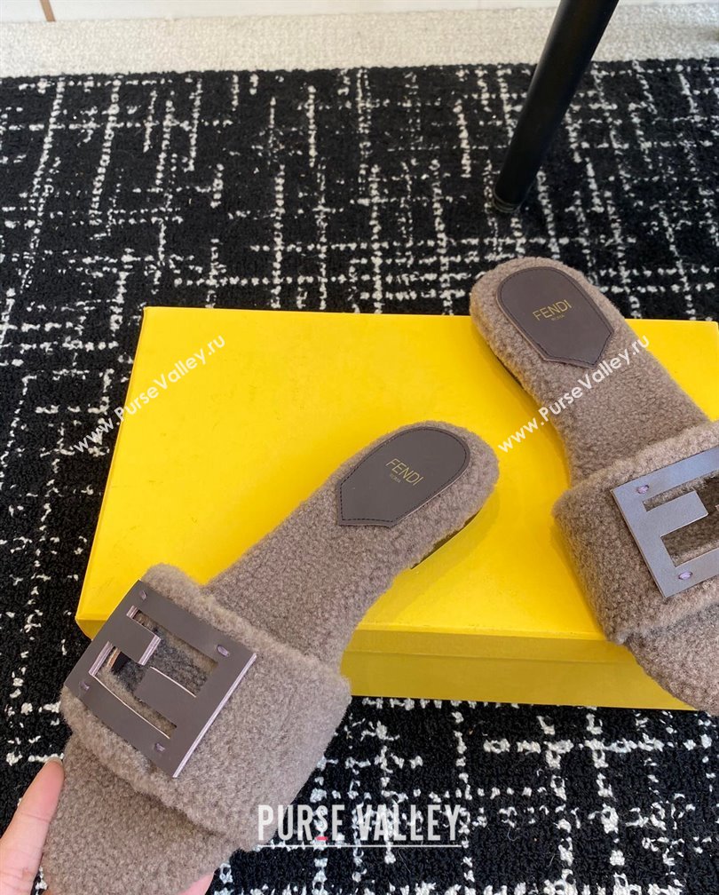 Fendi Baguette Flat Slides Sandal in Wool Shearling Grey 2024 1112 (KL-241112108)