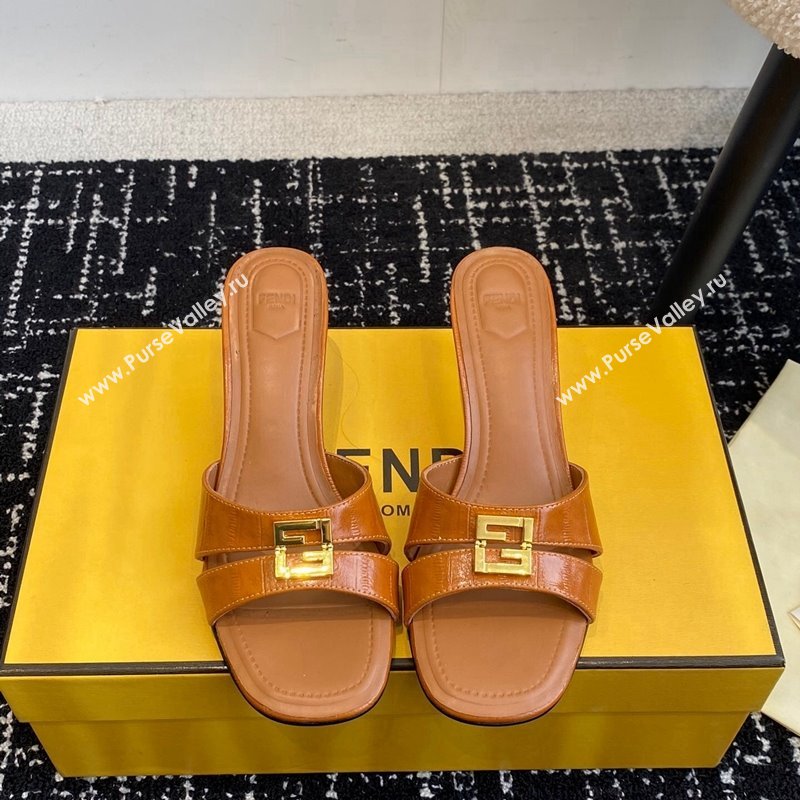 Fendi FFold medium-heeled slides sandal 4cm in embossed leather Light Brown 2024 (KL-241112087)