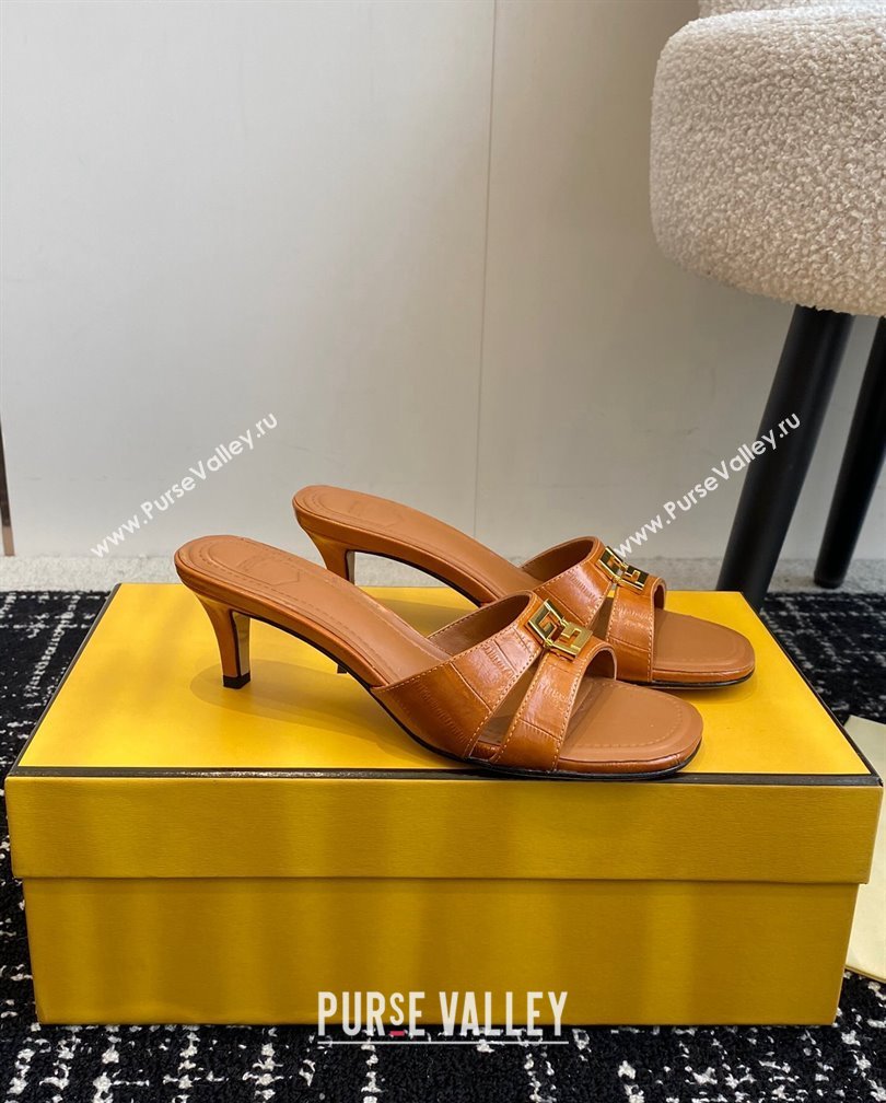 Fendi FFold medium-heeled slides sandal 4cm in embossed leather Light Brown 2024 (KL-241112087)