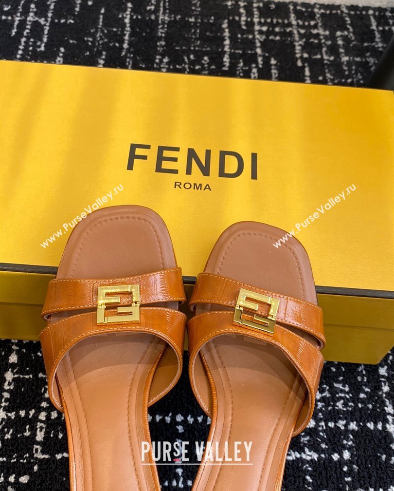 Fendi FFold medium-heeled slides sandal 4cm in embossed leather Light Brown 2024 (KL-241112087)