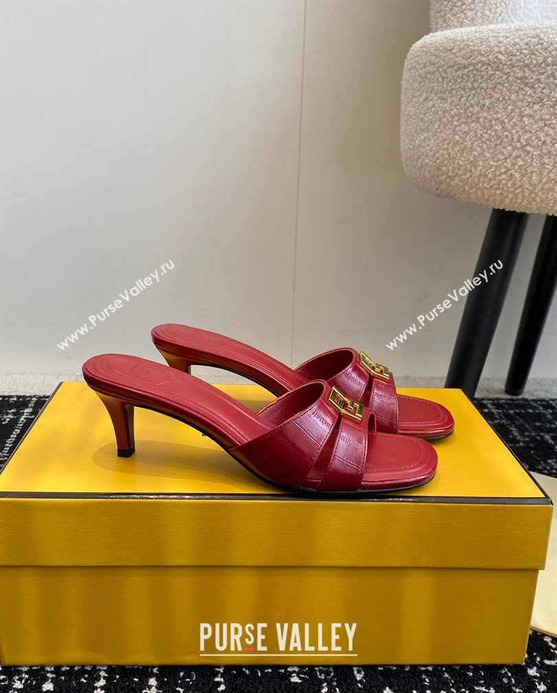 Fendi FFold medium-heeled slides sandal 4cm in embossed leather Red 2024 (KL-241112088)