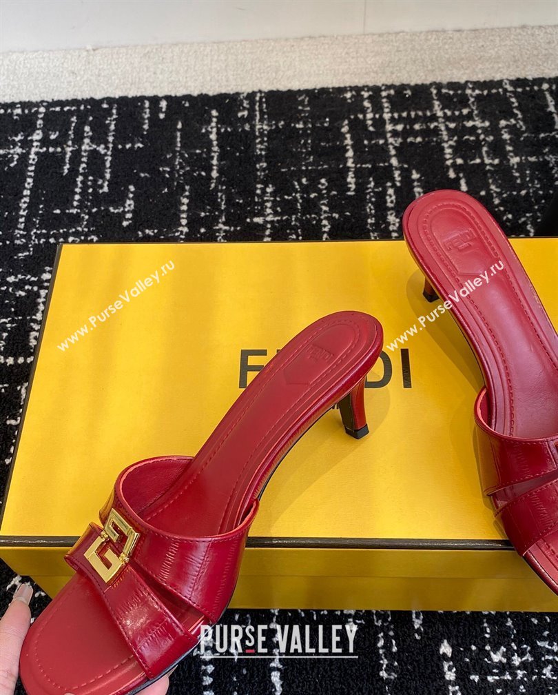 Fendi FFold medium-heeled slides sandal 4cm in embossed leather Red 2024 (KL-241112088)