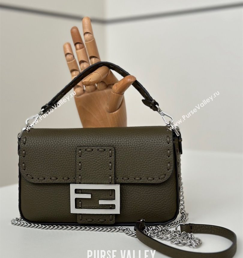 Fendi Baguette Mini Selleria bag with topstitches in Grained Calfskin Green 2024 8610S (CL-241213001)