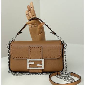 Fendi Baguette Mini Selleria bag with topstitches in Grained Calfskin Dark Beige 2024 8610S (CL-241213002)