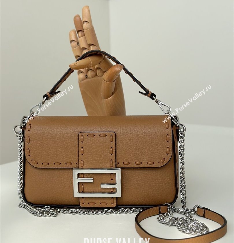 Fendi Baguette Mini Selleria bag with topstitches in Grained Calfskin Dark Beige 2024 8610S (CL-241213002)