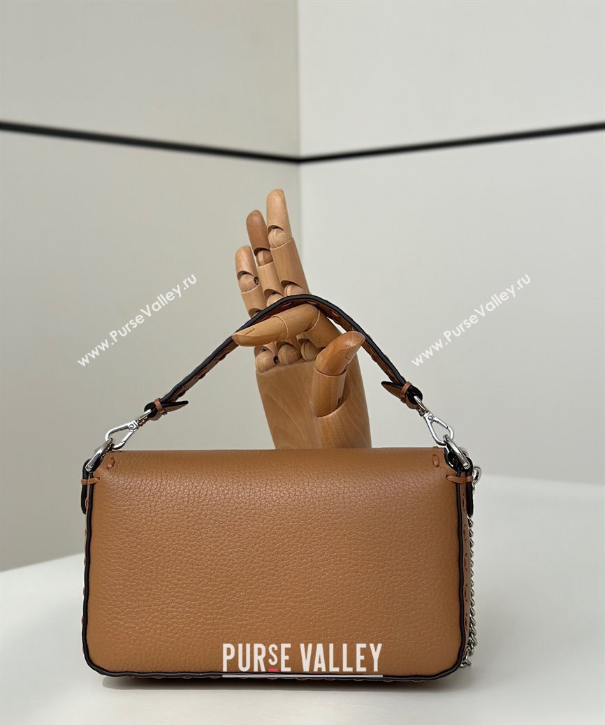 Fendi Baguette Mini Selleria bag with topstitches in Grained Calfskin Dark Beige 2024 8610S (CL-241213002)