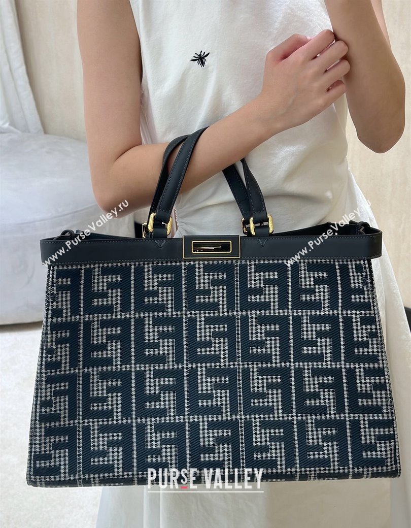 Fendi Medium X-Tote Bag in FF Houndstooth Fabric Blue 2024 8589 (CL-241212098)