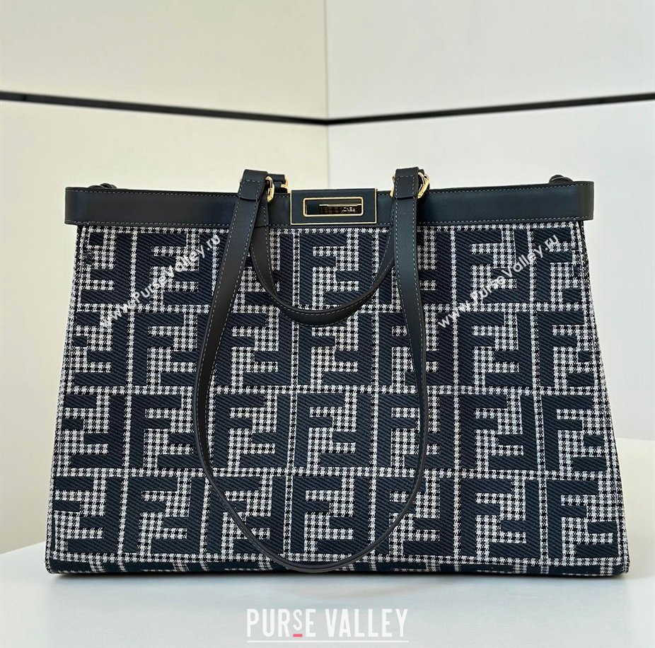 Fendi Medium X-Tote Bag in FF Houndstooth Fabric Blue 2024 8589 (CL-241212098)