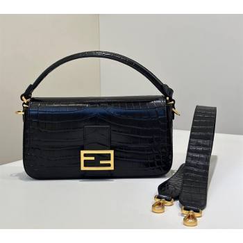 Fendi Baguette Medium Bag in Crocodile Embossed Leather Black 2024 8628 (CL-241213030)