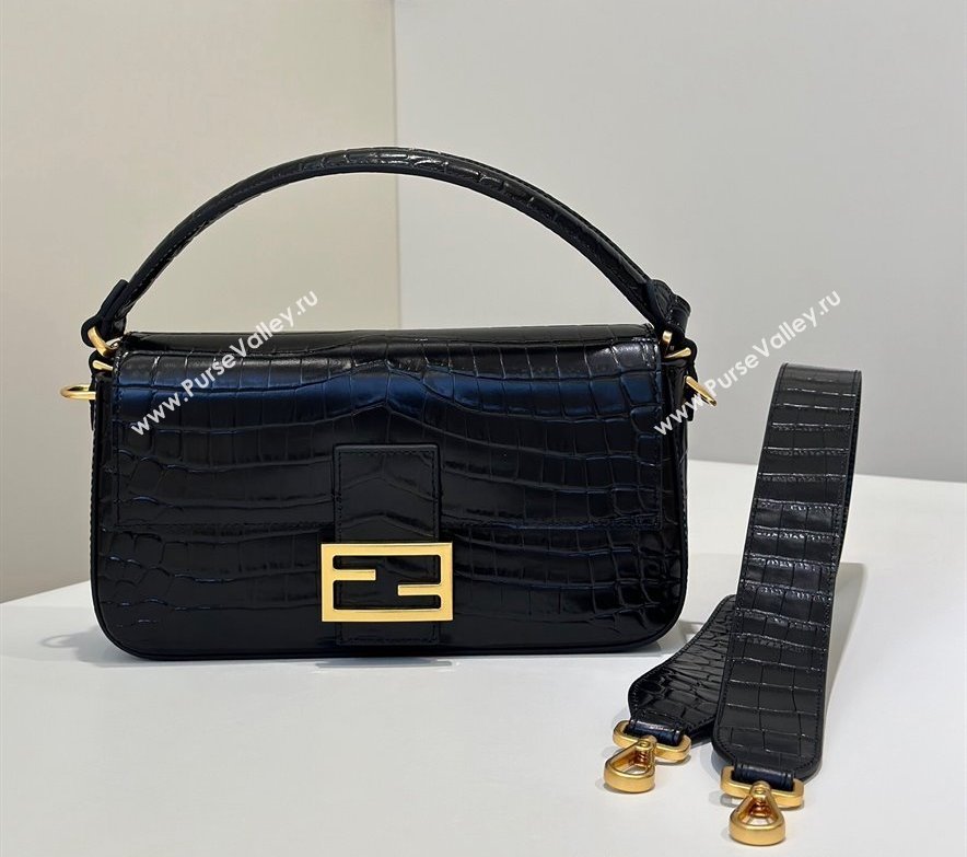 Fendi Baguette Medium Bag in Crocodile Embossed Leather Black 2024 8628 (CL-241213030)