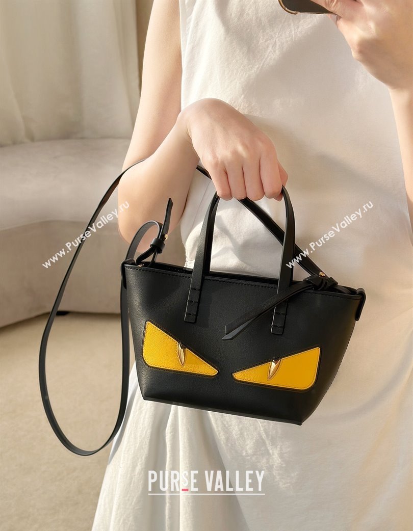 Fendi Lunar New Year Roll Mini Tote Bag in Black Leather with Fendi Yellow Eyes 2025 8675 (CL-250210030)