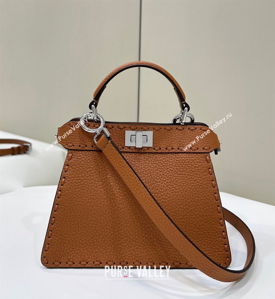 Fendi Peekaboo ISeeU Petite Bag in Grained Leather with Oversized topstitching Caramel Brown 2025 80133 top (CL-250210006)