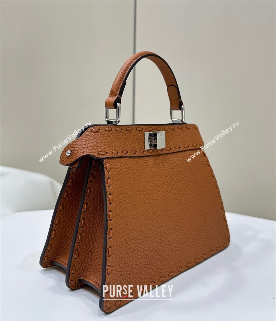 Fendi Peekaboo ISeeU Petite Bag in Grained Leather with Oversized topstitching Caramel Brown 2025 80133 top (CL-250210006)