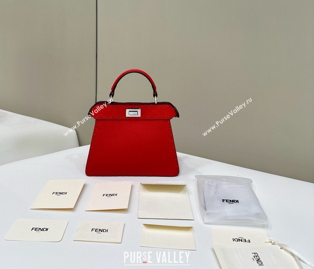 Fendi Peekaboo ISeeU Petite Bag in Grained Leather with Oversized topstitching Red 2025 80133 top (CL-250210009)