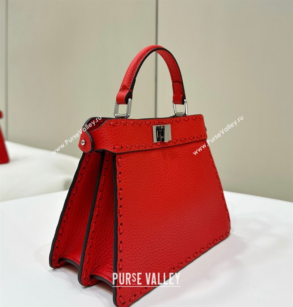 Fendi Peekaboo ISeeU Petite Bag in Grained Leather with Oversized topstitching Red 2025 80133 top (CL-250210009)