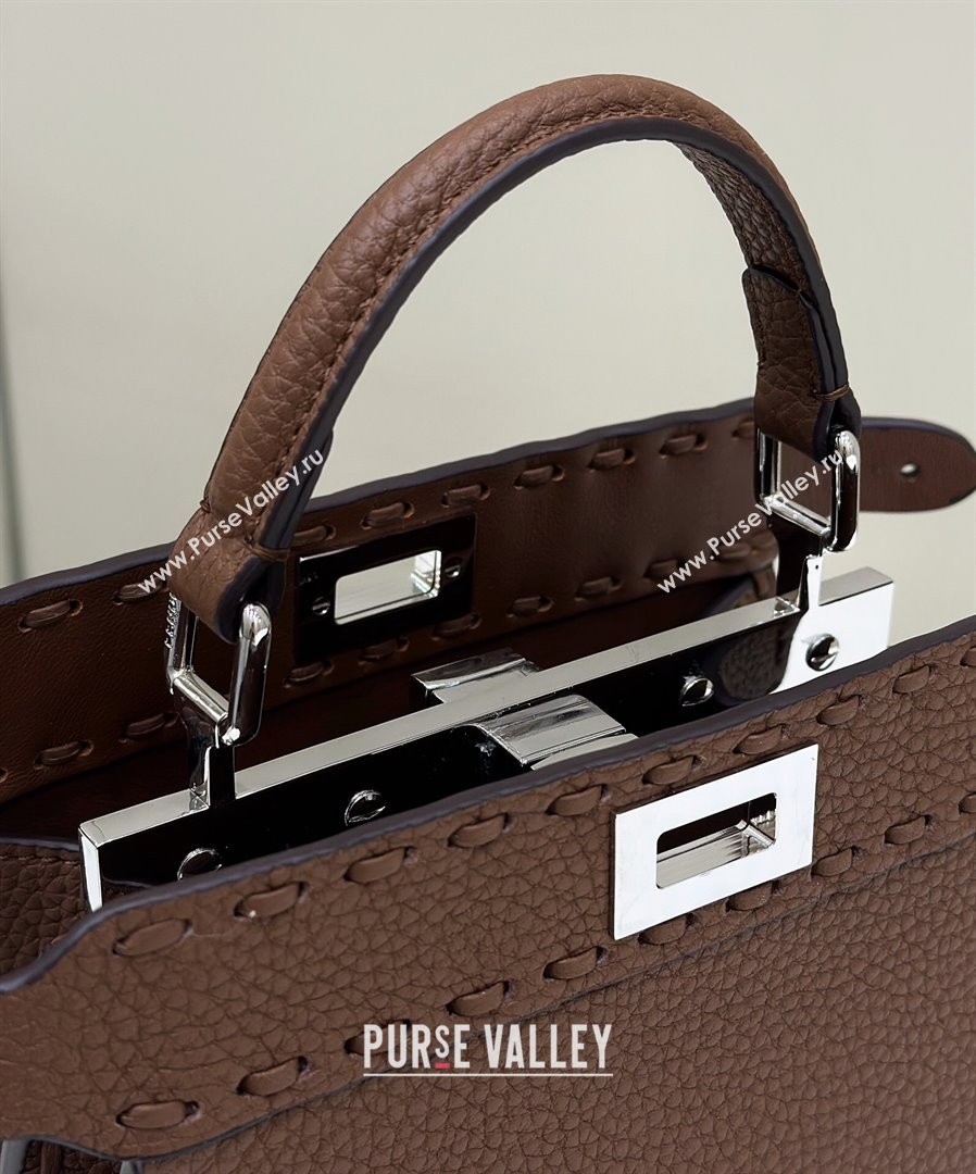 Fendi Peekaboo ISeeU Petite Bag in Grained Leather with Oversized topstitching Dark Brown 2025 80133 top (CL-250210011)