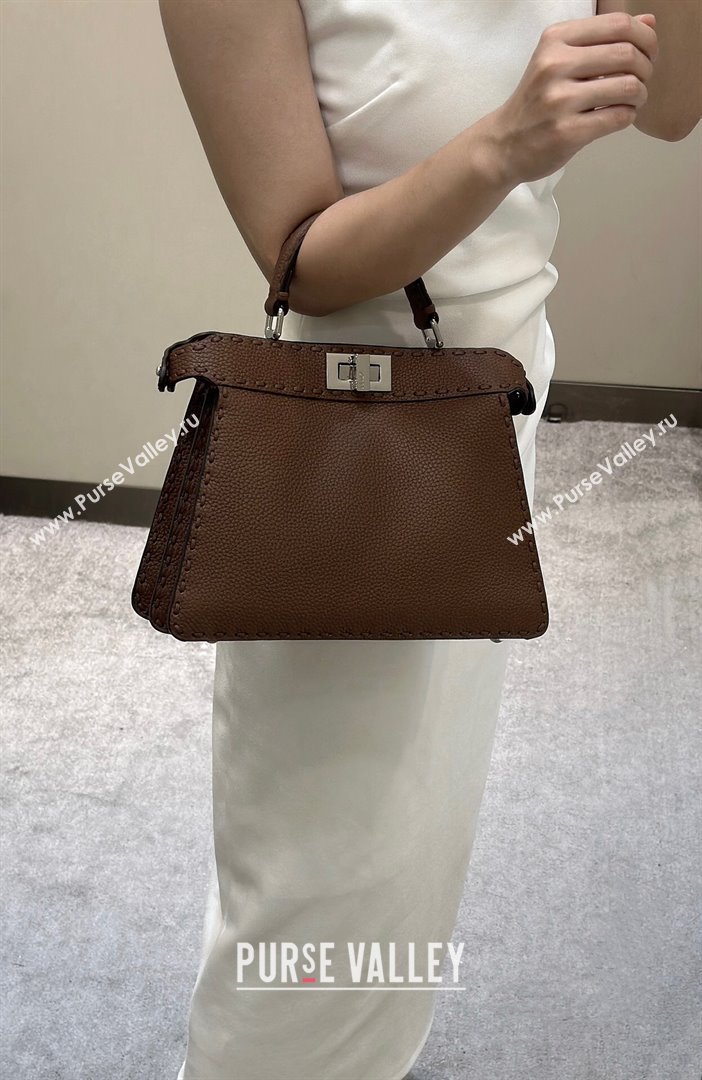 Fendi Peekaboo ISeeU Small Bag in Grained Leather with Oversized topstitching Dark Brown 2025 80133 top (CL-250210015)