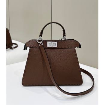Fendi Peekaboo ISeeU Small Bag in Grained Leather with Oversized topstitching Dark Brown 2025 80133 top (CL-250210015)