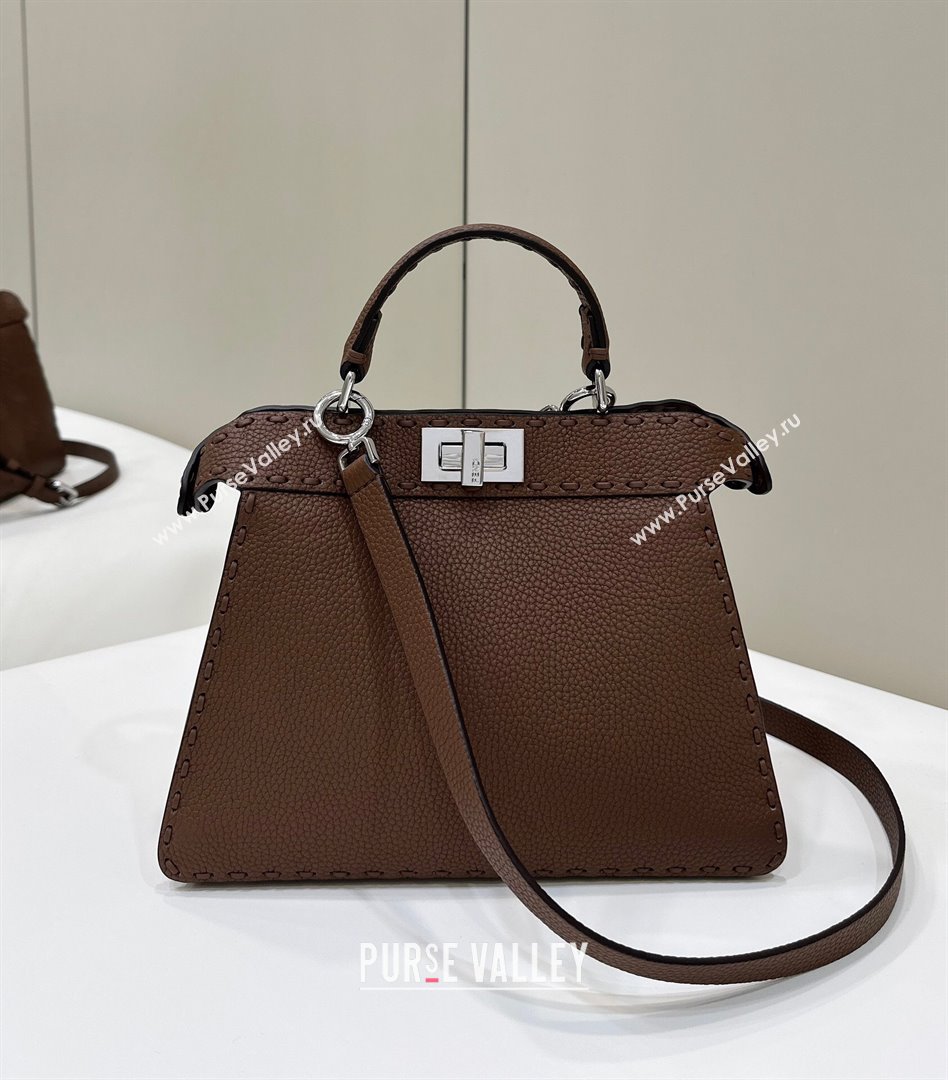Fendi Peekaboo ISeeU Small Bag in Grained Leather with Oversized topstitching Dark Brown 2025 80133 top (CL-250210015)