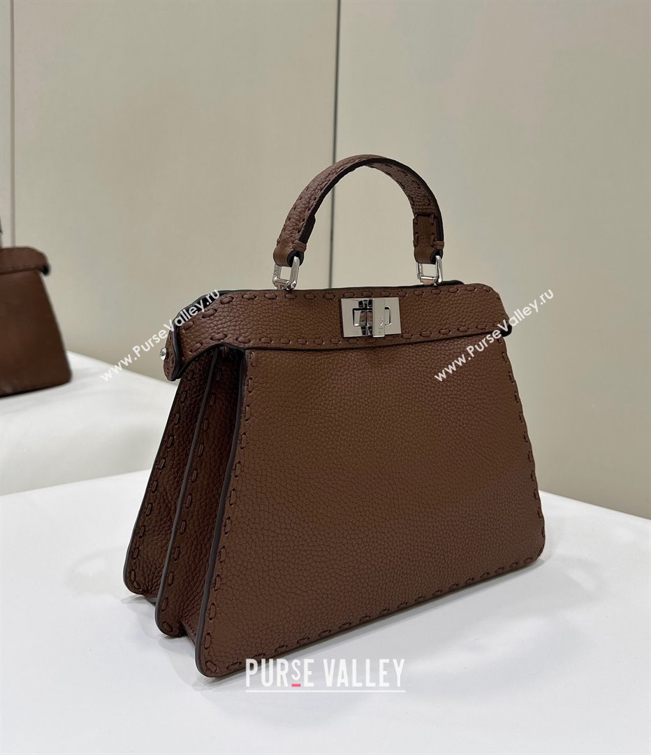 Fendi Peekaboo ISeeU Small Bag in Grained Leather with Oversized topstitching Dark Brown 2025 80133 top (CL-250210015)