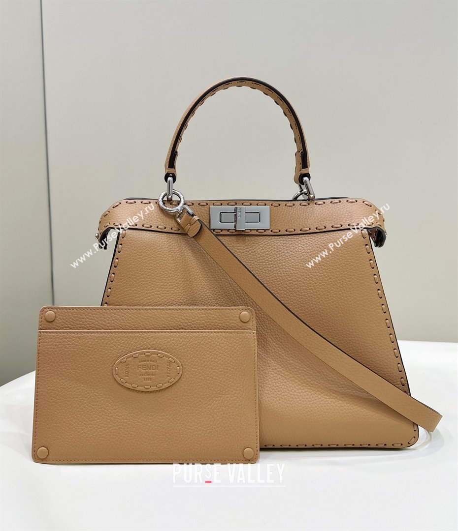 Fendi Peekaboo ISeeU Medium Bag in Grained Leather with Oversized topstitching Apricot 2025 80133 top (CL-250210024)