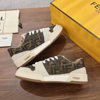 Fendi Match Low-top Sneakers in FF Canvas and Suede Brown/Grey 2025 0220 (MD-250220109)