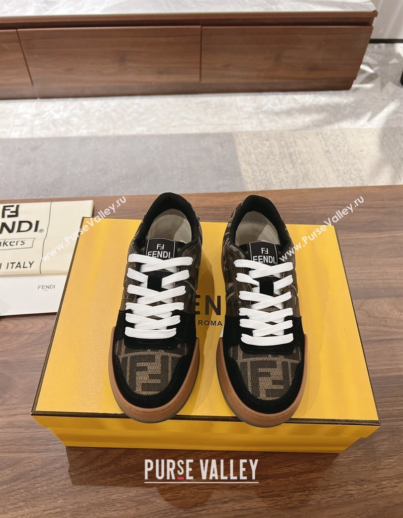 Fendi Match Low-top Sneakers in FF Canvas and Suede Brow/Black 2025 0220 (MD-250220111)