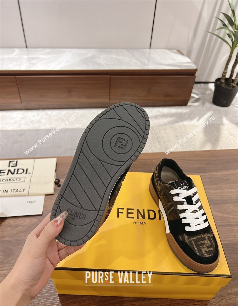 Fendi Match Low-top Sneakers in FF Canvas and Suede Brow/Black 2025 0220 (MD-250220111)