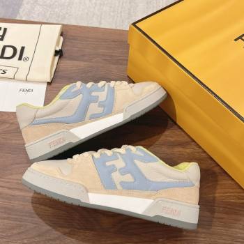 Fendi Match Low-top Sneakers in Grained Leather and Suede Beige/Light Blue 2025 0219 (MD-250220124)