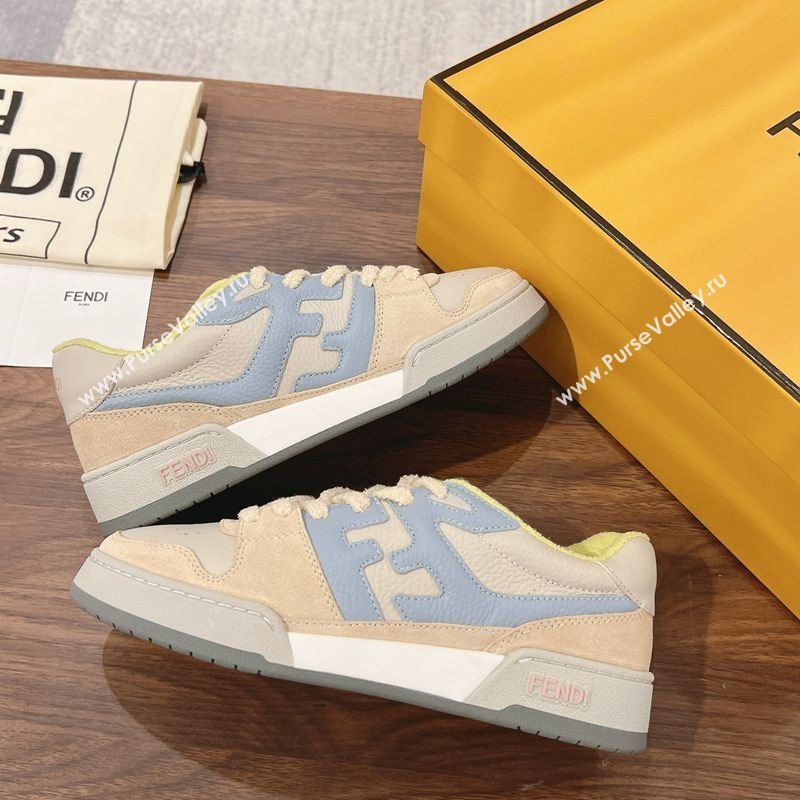 Fendi Match Low-top Sneakers in Grained Leather and Suede Beige/Light Blue 2025 0219 (MD-250220124)
