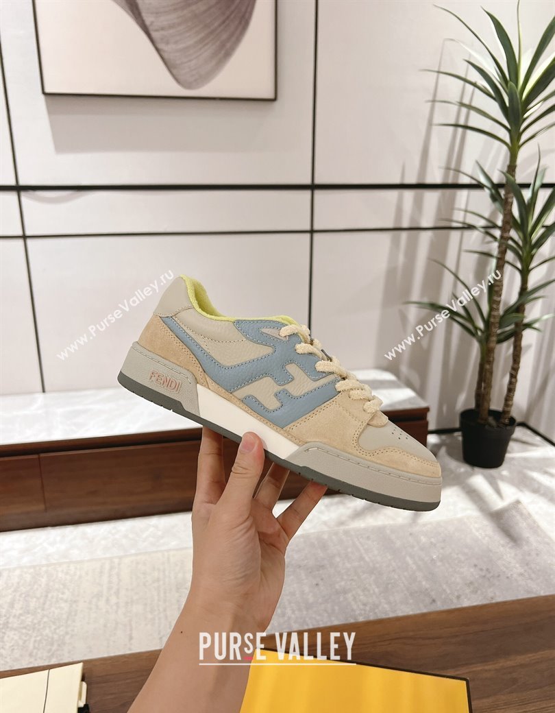 Fendi Match Low-top Sneakers in Grained Leather and Suede Beige/Light Blue 2025 0219 (MD-250220124)